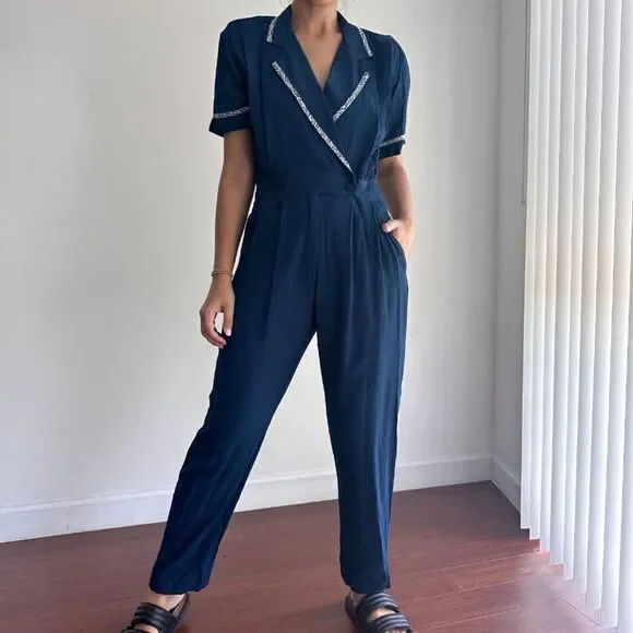 Vintage 80s nautical navy blue jumpsuit - Picture 1 of 10